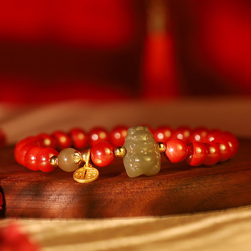 Bracelet dragon en argent sterling avec breloques en cinabre et jade