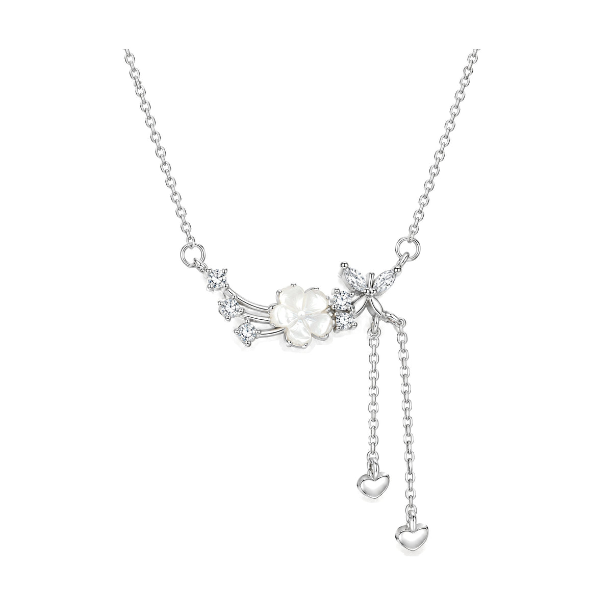 925 Sterling Silver Flower Butterfly Love Necklace Set, Silver Necklace, on a white background