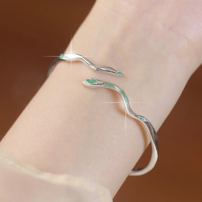 Bracelet manchette calme en argent sterling avec serpent vert