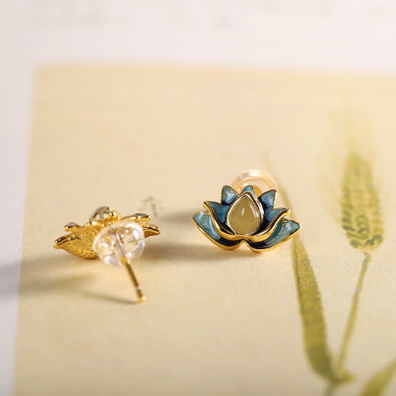 Boucles d'oreilles en argent sterling avec fleur de lotus en jade cyan Hetian