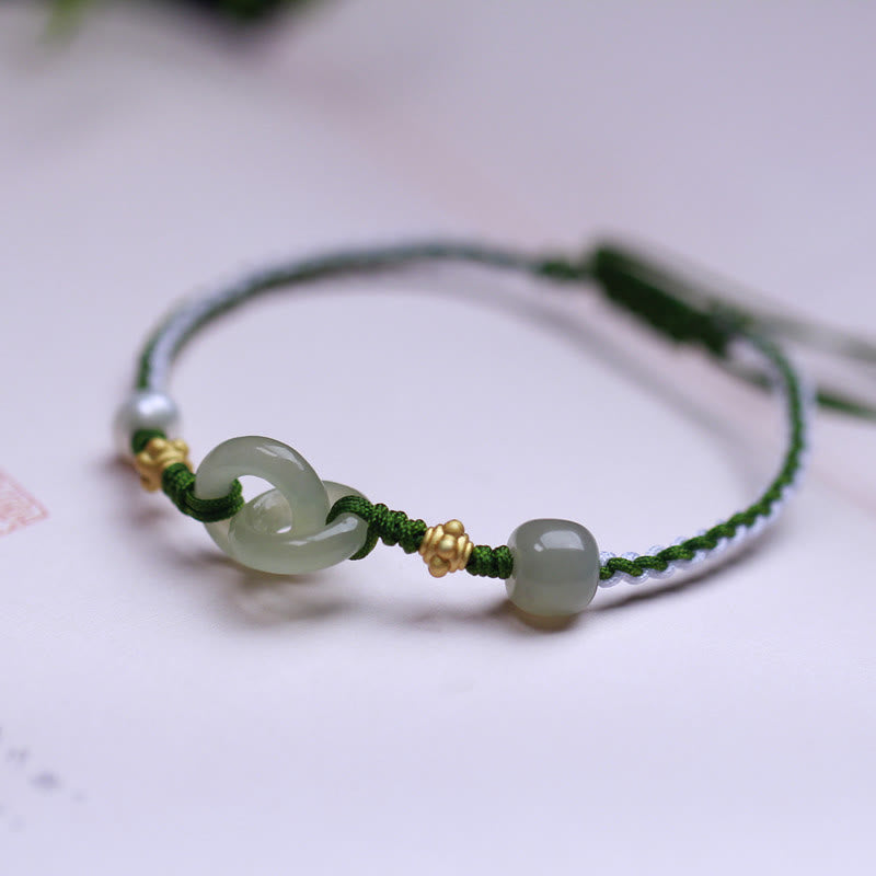 Bracelet tressé en argent sterling et jade Hetian à double boucle de paix