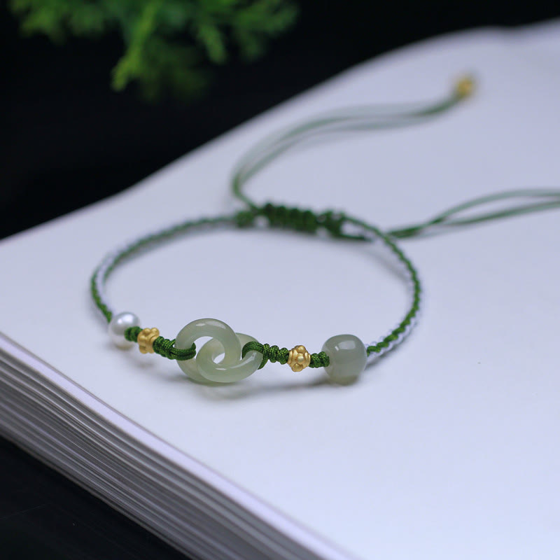 Bracelet tressé en argent sterling et jade Hetian à double boucle de paix