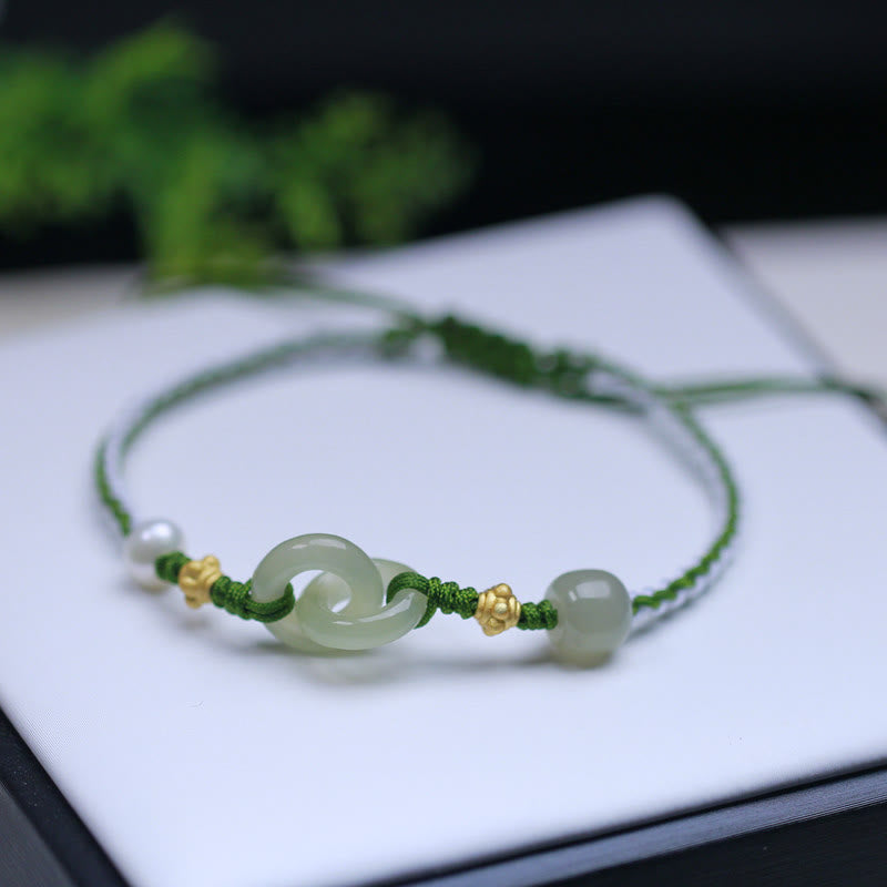 Bracelet tressé en argent sterling et jade Hetian à double boucle de paix