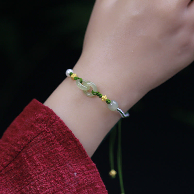 Bracelet tressé en argent sterling et jade Hetian à double boucle de paix