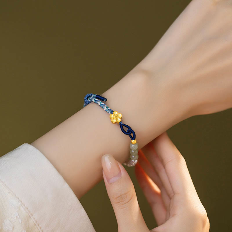 Bracelet porte-bonheur en argent sterling et jade Hetian avec fleur de pêcher et perles