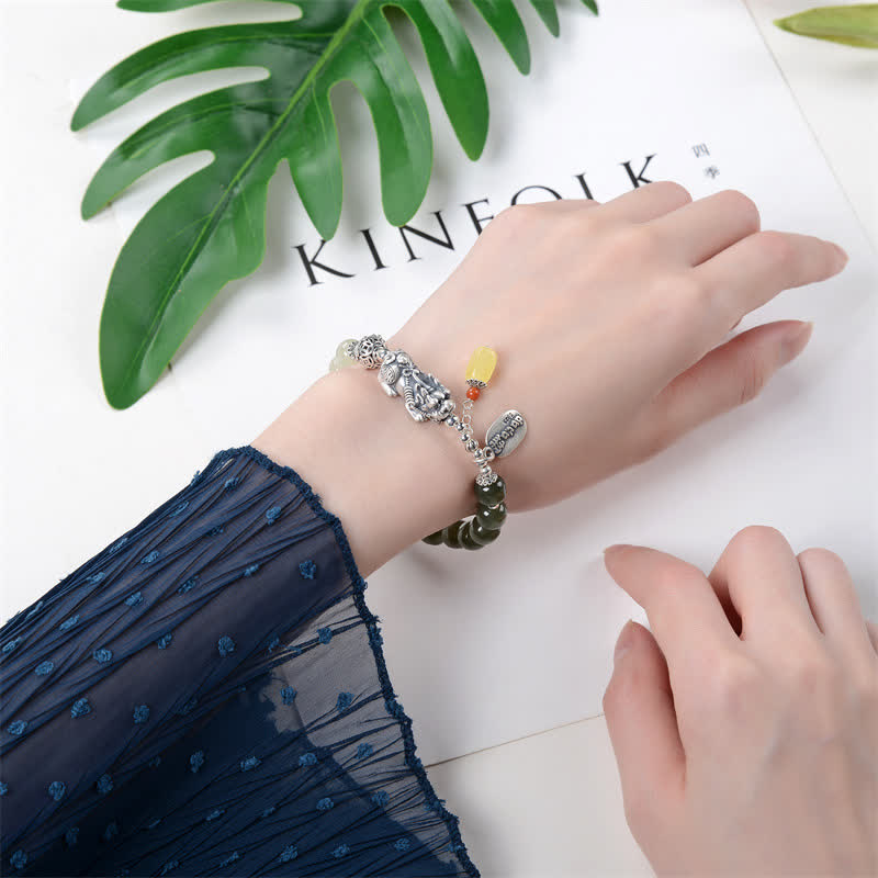 Bracelet porte-bonheur PiXiu en argent sterling et jade Hetian pour la prospérité