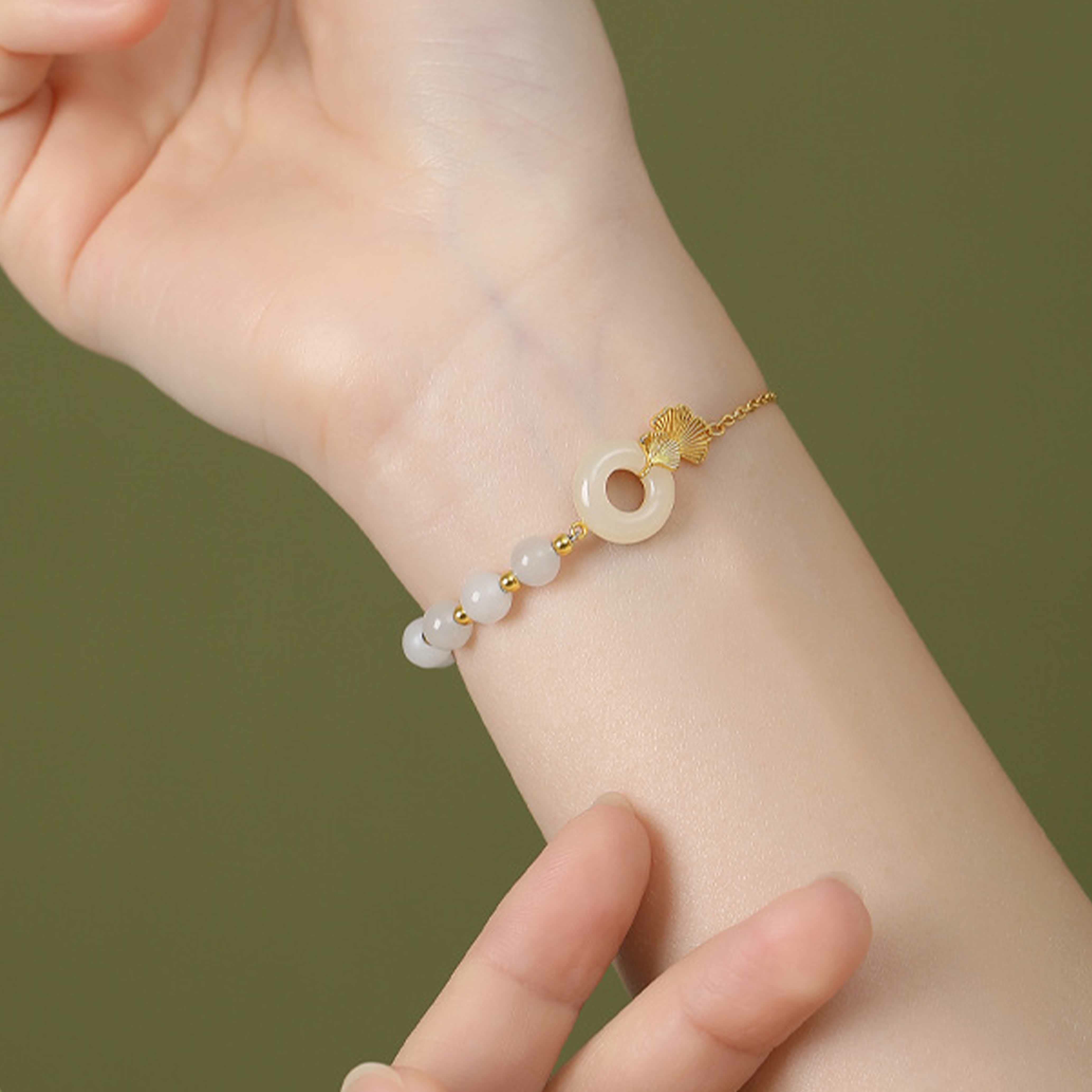 Bracelet porte-bonheur en argent sterling et jade blanc Hetian avec boucle de paix