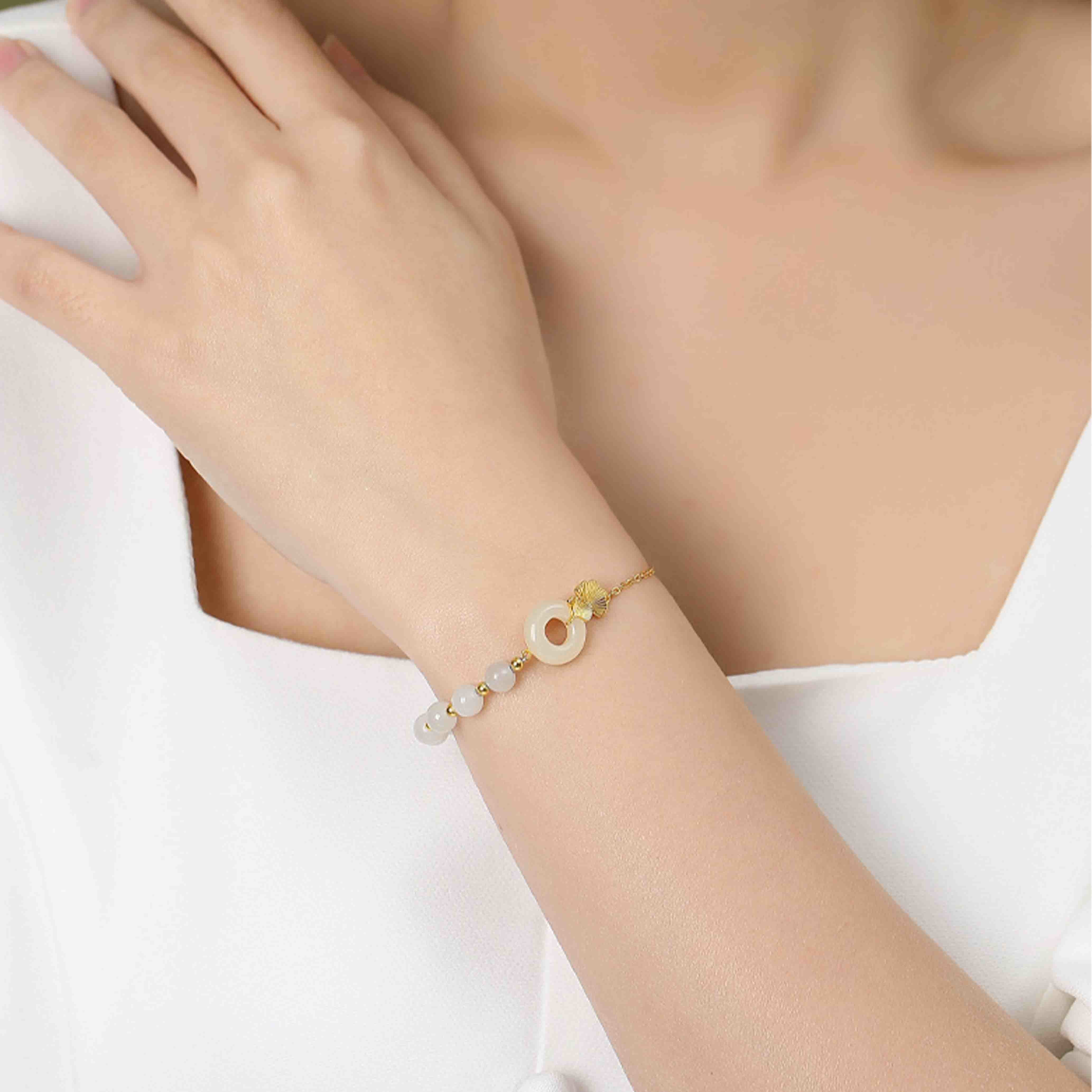 Bracelet porte-bonheur en argent sterling et jade blanc Hetian avec boucle de paix