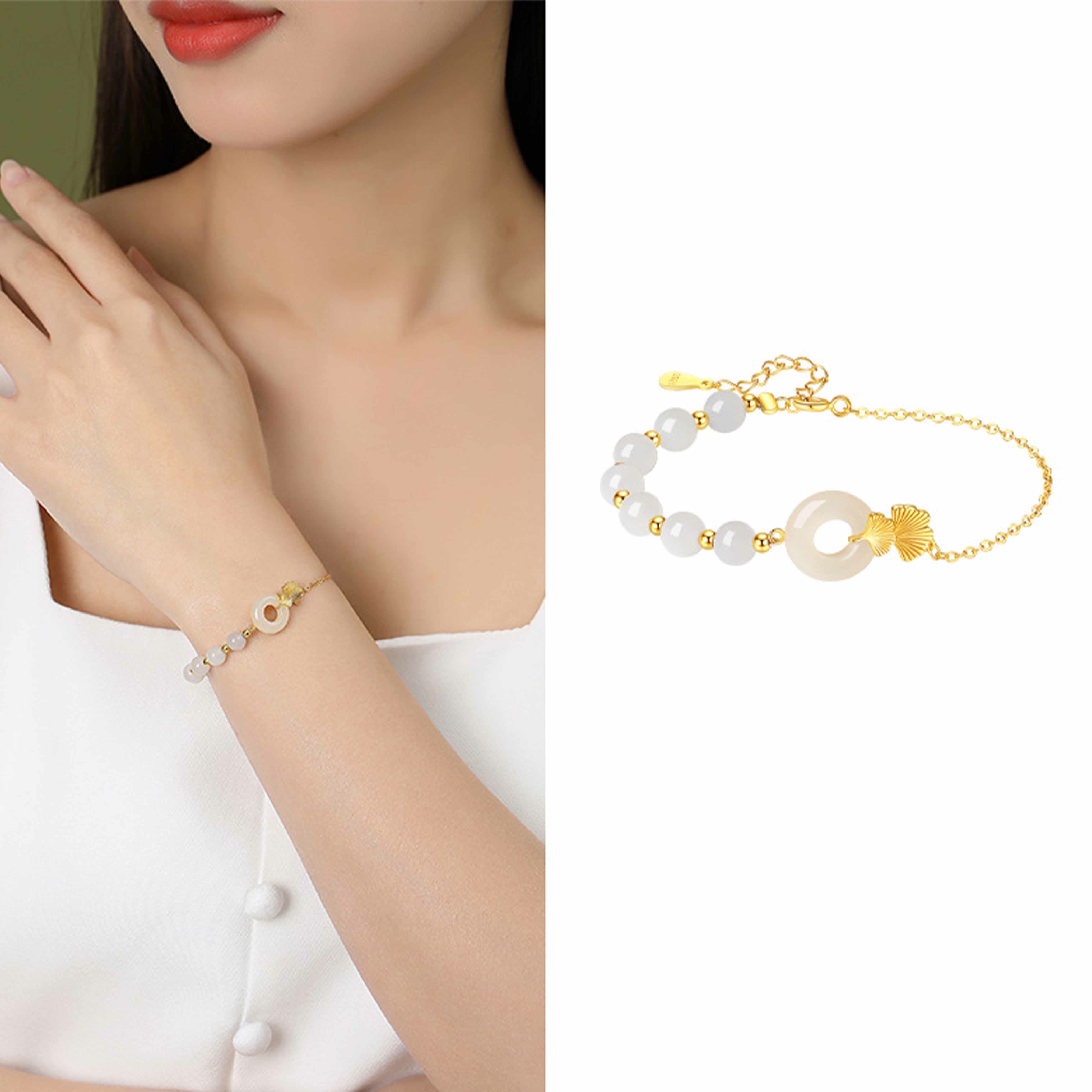 Bracelet porte-bonheur en argent sterling et jade blanc Hetian avec boucle de paix