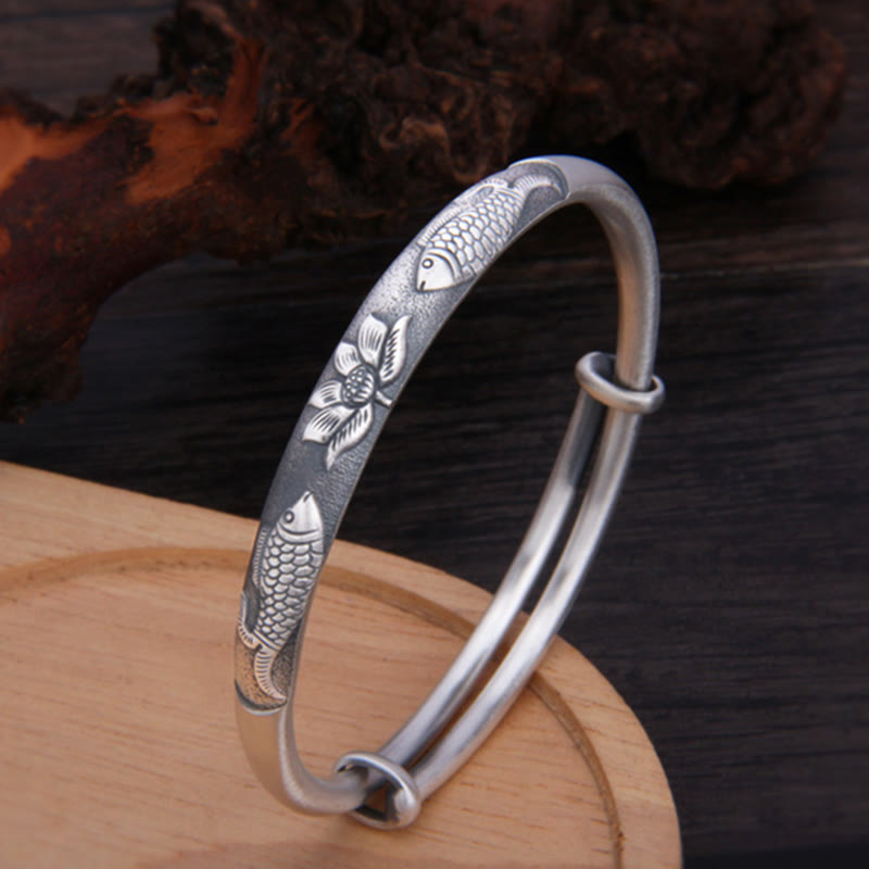 Bracelet porte-bonheur réglable en argent sterling avec poisson koï et lotus