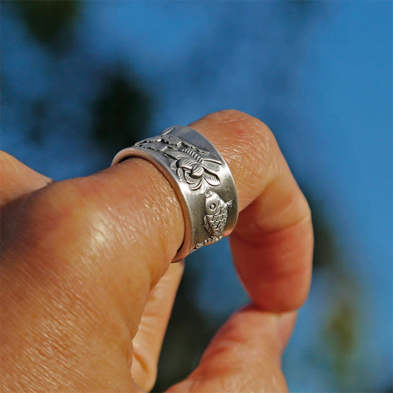 Bague porte-bonheur en argent sterling avec poisson koï, réglable, 12 mm