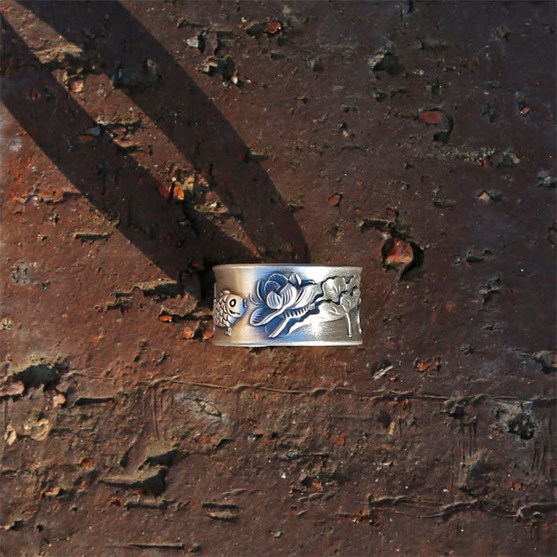 Bague porte-bonheur en argent sterling avec poisson koï, réglable, 12 mm