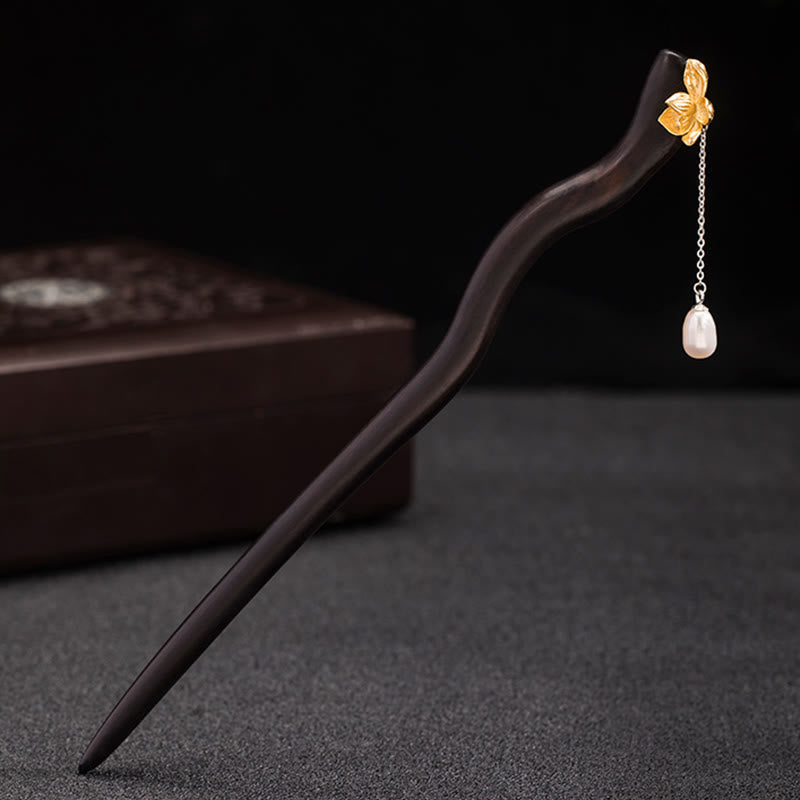 Épingle à cheveux en argent sterling en forme de fleur de lotus avec pompon en perles d'ébène