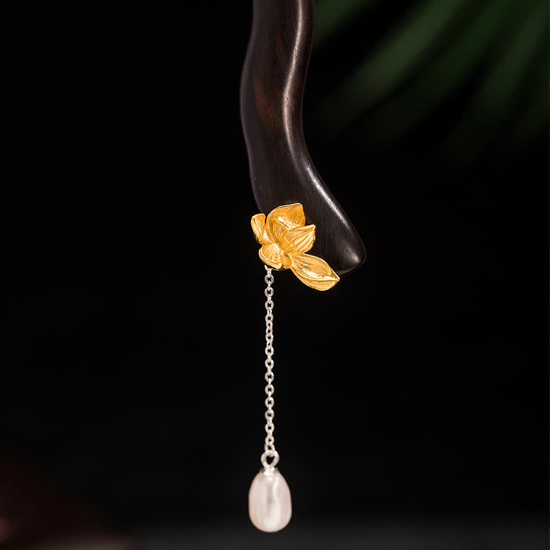 Épingle à cheveux en argent sterling en forme de fleur de lotus avec pompon en perles d'ébène