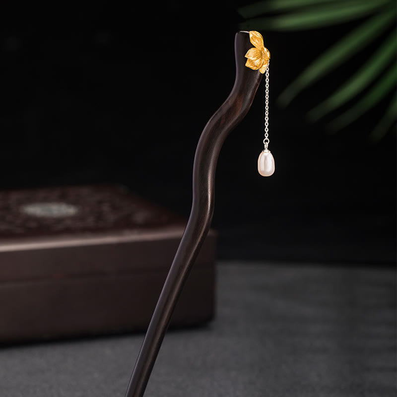 Épingle à cheveux en argent sterling en forme de fleur de lotus avec pompon en perles d'ébène