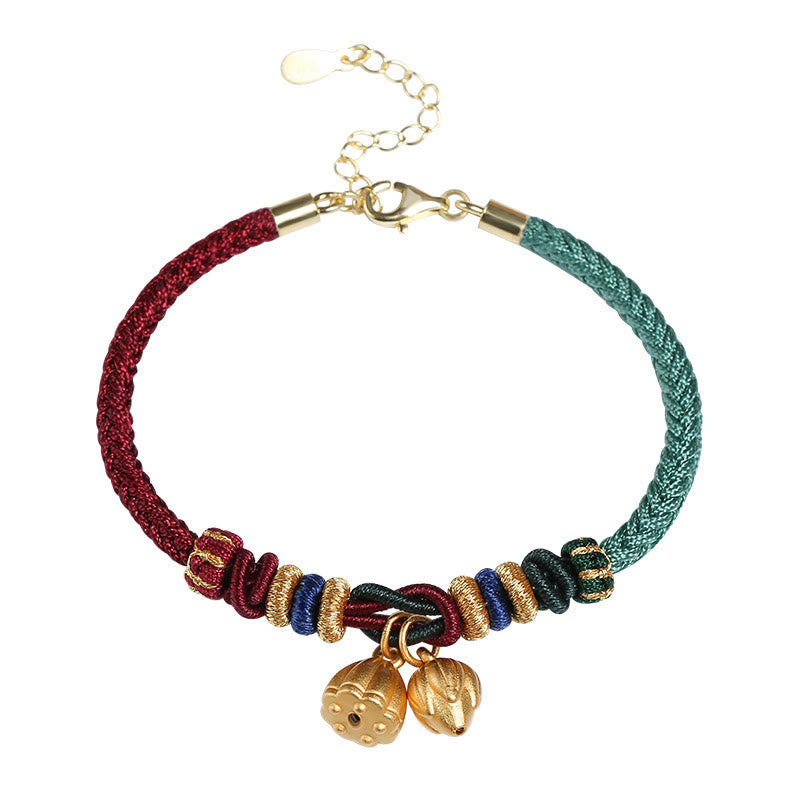 Bracelet en argent sterling avec cordon rouge et vert et gousse de lotus