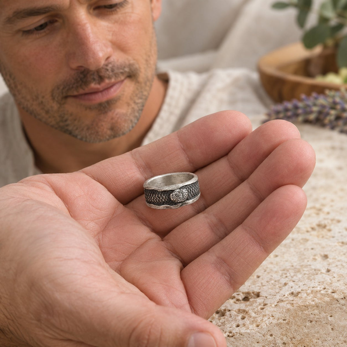 999 Sterling Silver Snake Protection Ring for Wisdom & Resilience, held in the hand to show its real size
