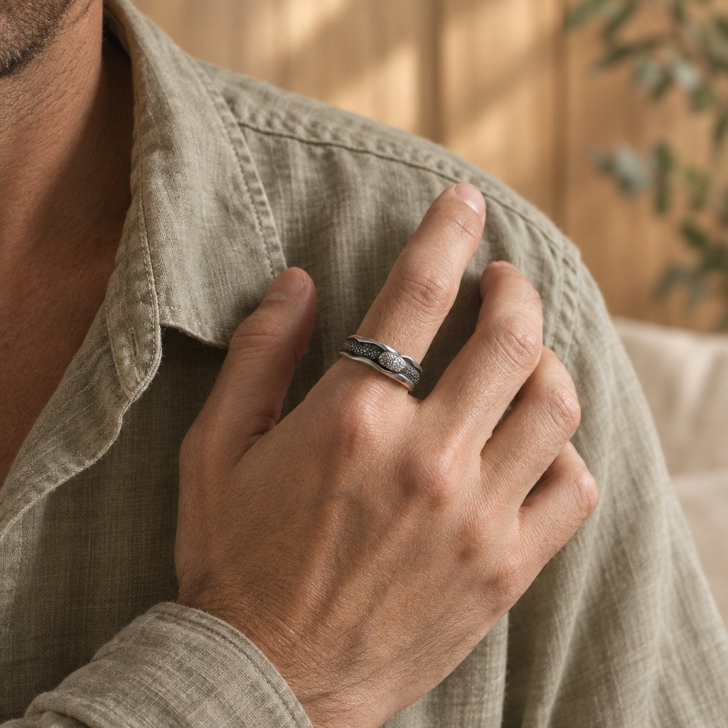 999 Sterling Silver Snake Protection Ring for Wisdom & Resilience, ring on hand by denim