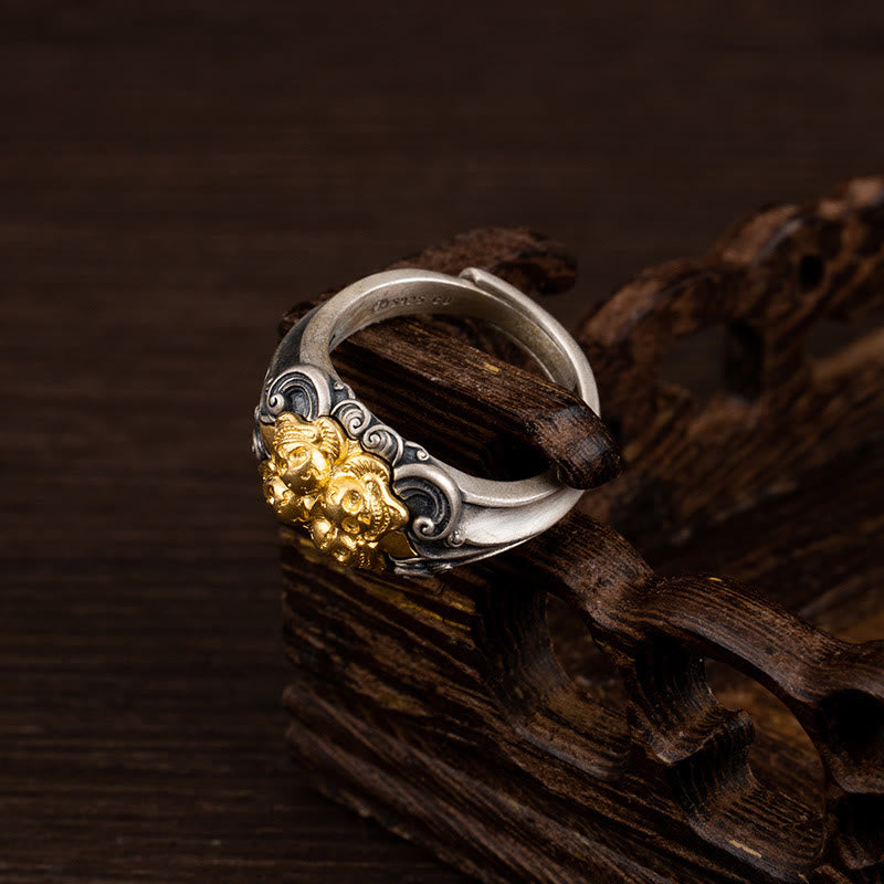 Bague de protection réglable en argent sterling avec tête de mort tibétaine