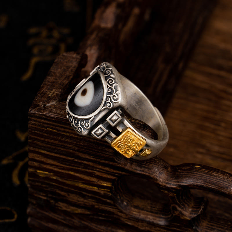 Bague en argent sterling avec perle Dzi de la déesse Zakiram