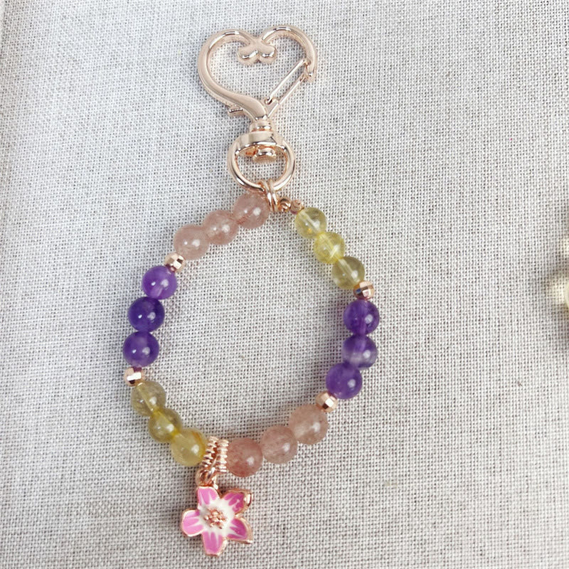 Porte-clés breloque amour en quartz fraise, améthyste et citrine