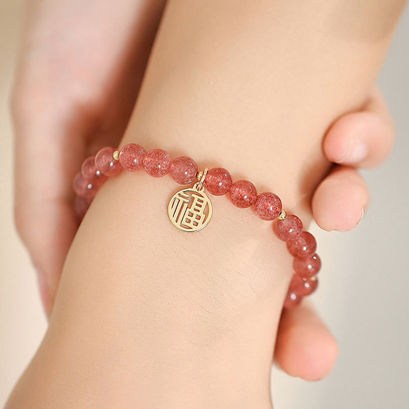 Bracelet à breloques de guérison Fu en quartz fraise