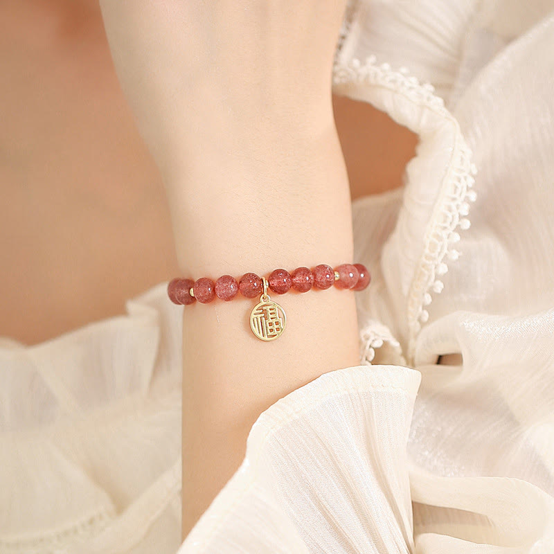 Bracelet à breloques de guérison Fu en quartz fraise