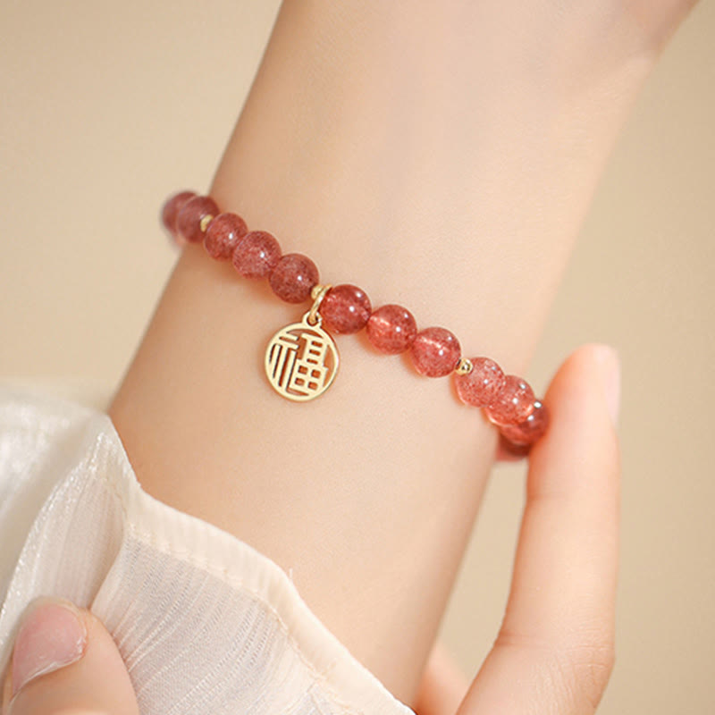 Bracelet à breloques de guérison Fu en quartz fraise