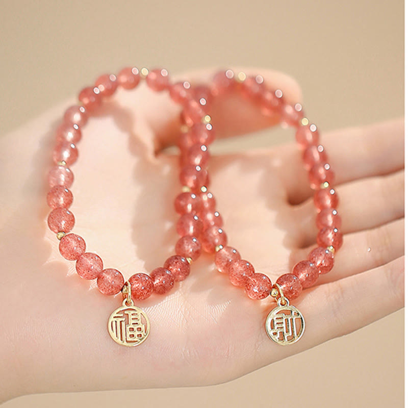 Bracelet à breloques de guérison Fu en quartz fraise