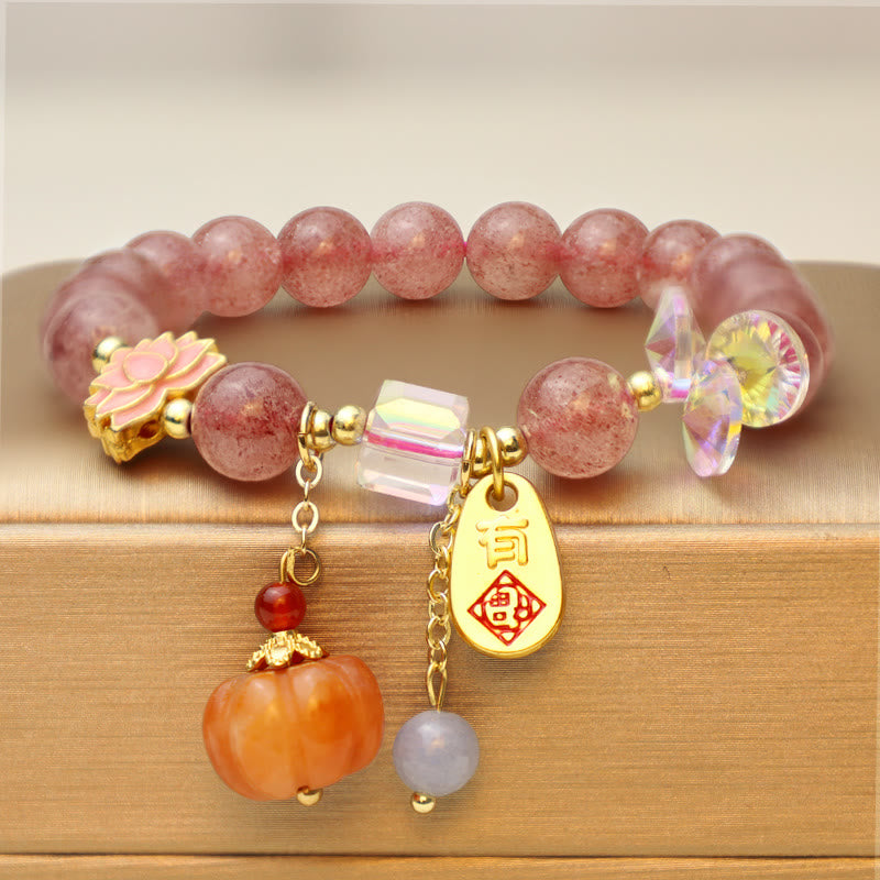 Bracelet spirituel positif avec breloque Fu en quartz fraise