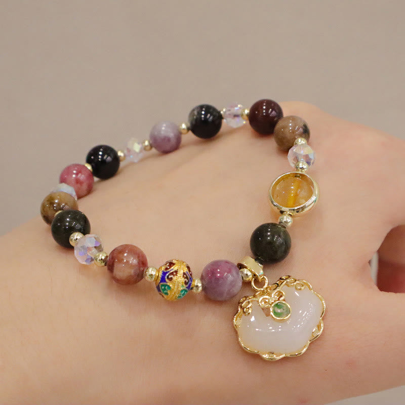 Bracelet de guérison en quartz fraise avec breloque cadenas chinois