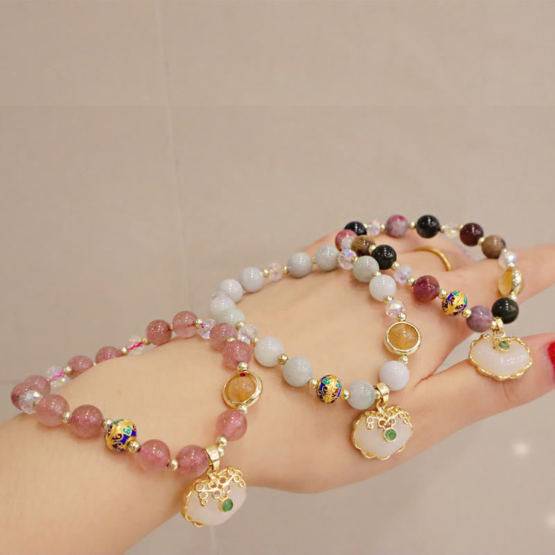 Bracelet de guérison en quartz fraise avec breloque cadenas chinois