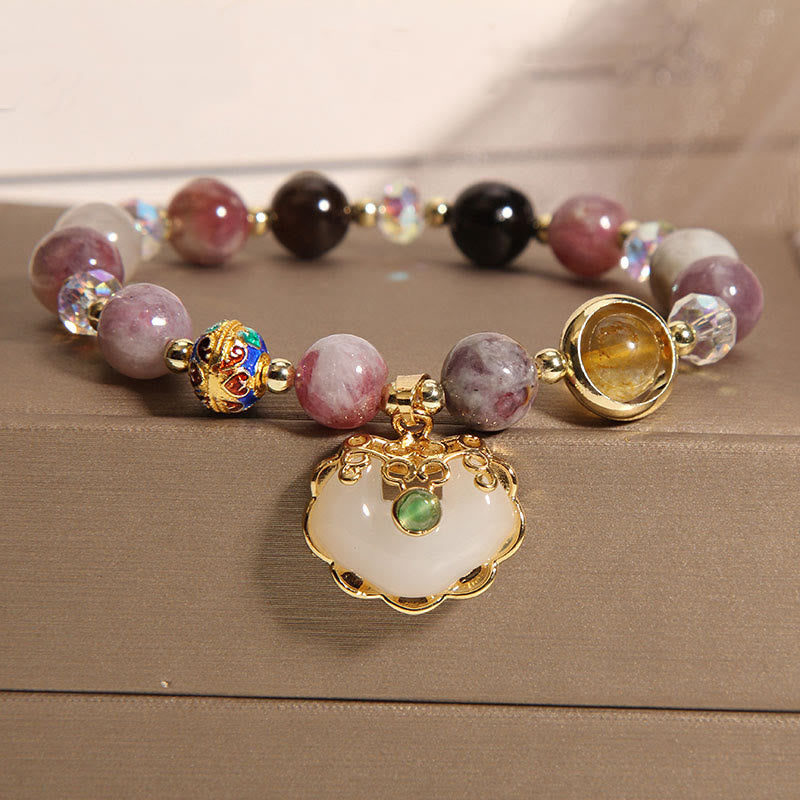 Bracelet de guérison en quartz fraise avec breloque cadenas chinois
