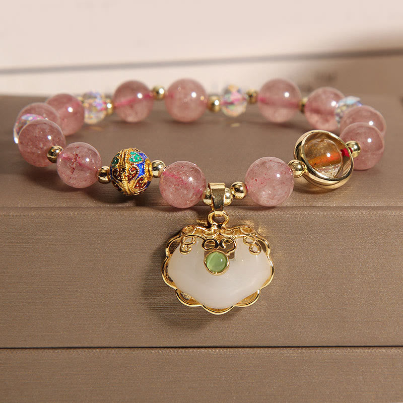 Bracelet de guérison en quartz fraise avec breloque cadenas chinois