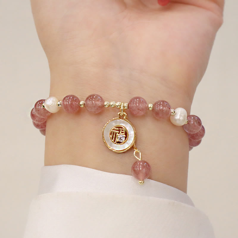 Bracelet de guérison en quartz fraise avec breloque Fu pour l'amour et la chance