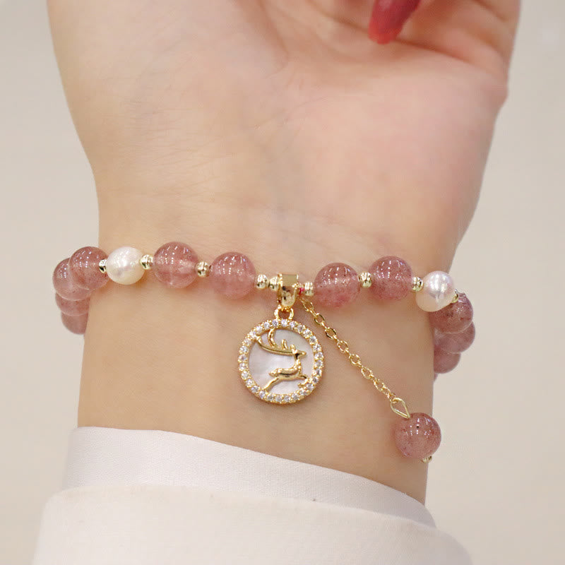Bracelet de guérison en quartz fraise avec breloque Fu pour l'amour et la chance