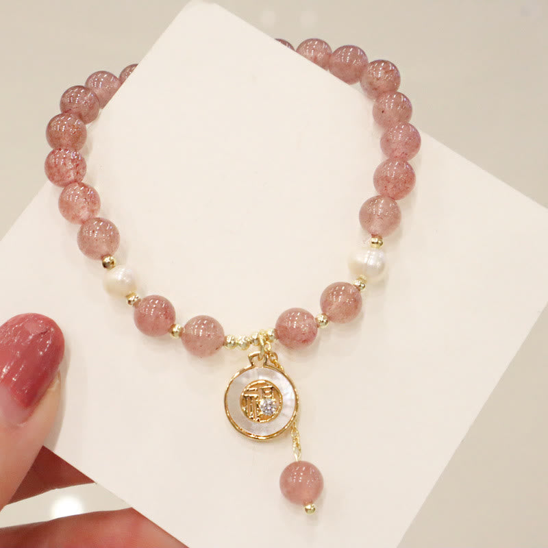 Bracelet de guérison en quartz fraise avec breloque Fu pour l'amour et la chance