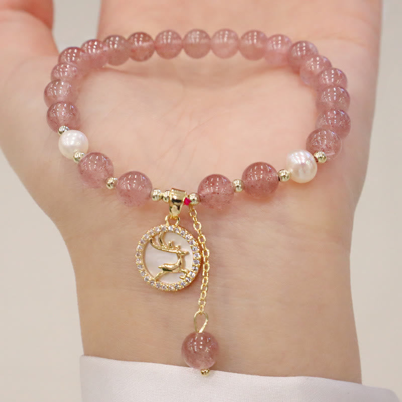 Bracelet de guérison en quartz fraise avec breloque Fu pour l'amour et la chance