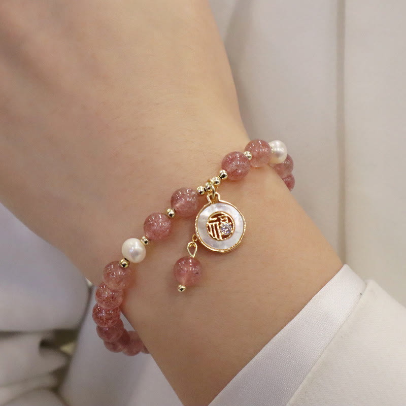 Bracelet de guérison en quartz fraise avec breloque Fu pour l'amour et la chance