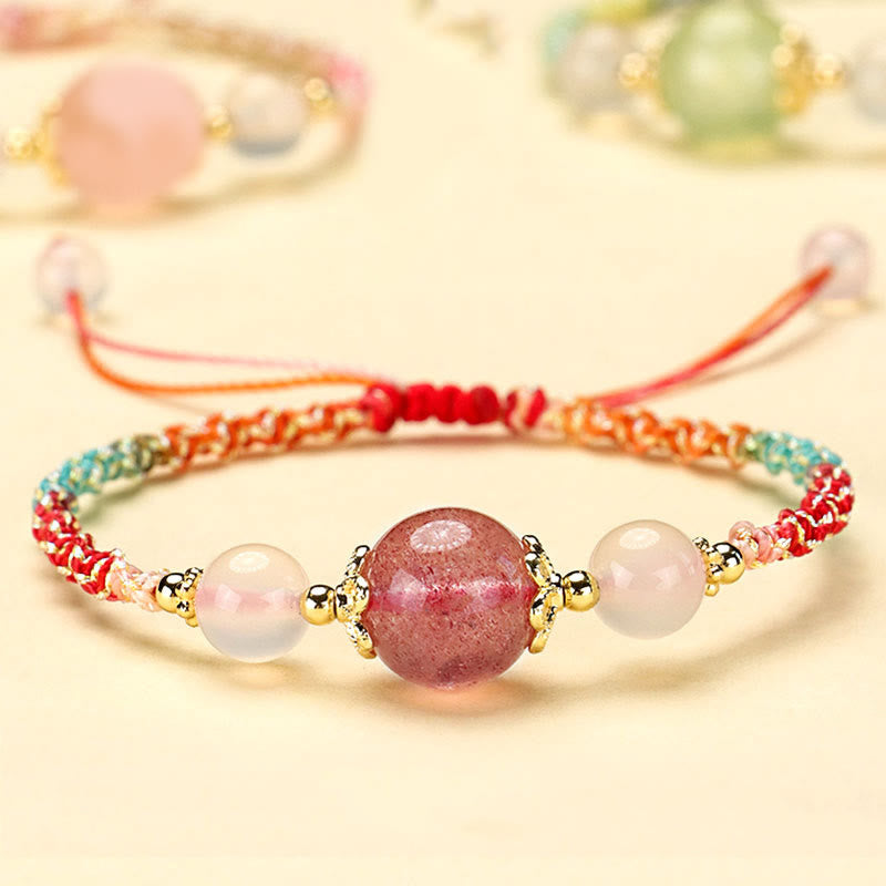 Bracelet de guérison en quartz fraise avec cristal rose et agate blanche 12 mm