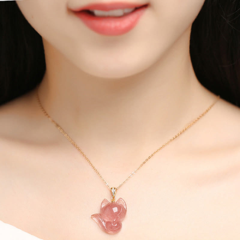 Collier de guérison en quartz fraise en argent plaqué or 14 carats