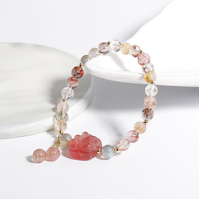 Bracelet Love en quartz fraise avec quartz rutile et pierre de lune