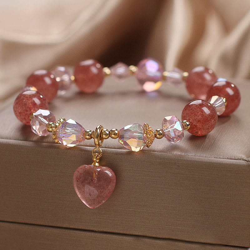 Bracelet de guérison d'amour en quartz fraise, motif cœur