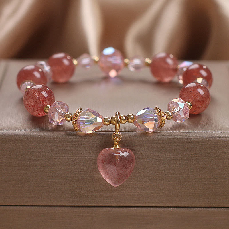 Bracelet de guérison d'amour en quartz fraise, motif cœur