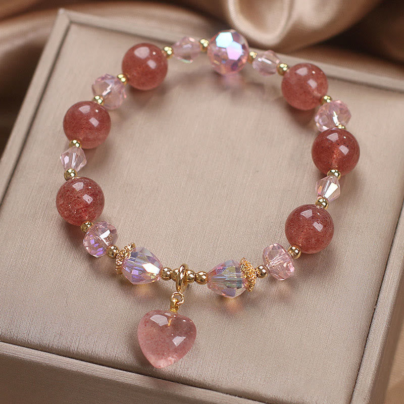 Bracelet de guérison d'amour en quartz fraise, motif cœur
