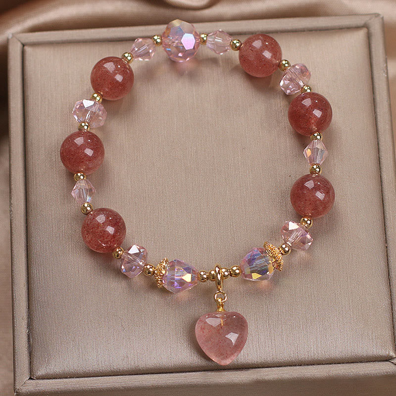 Bracelet de guérison d'amour en quartz fraise, motif cœur