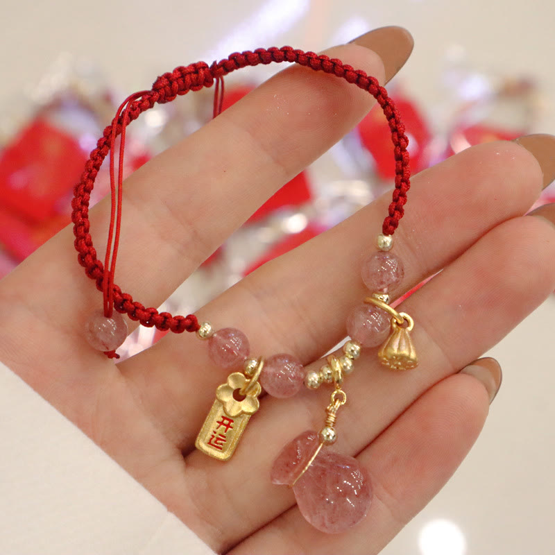 Bracelet de guérison d'amour en quartz fraise avec lotus et fil rouge