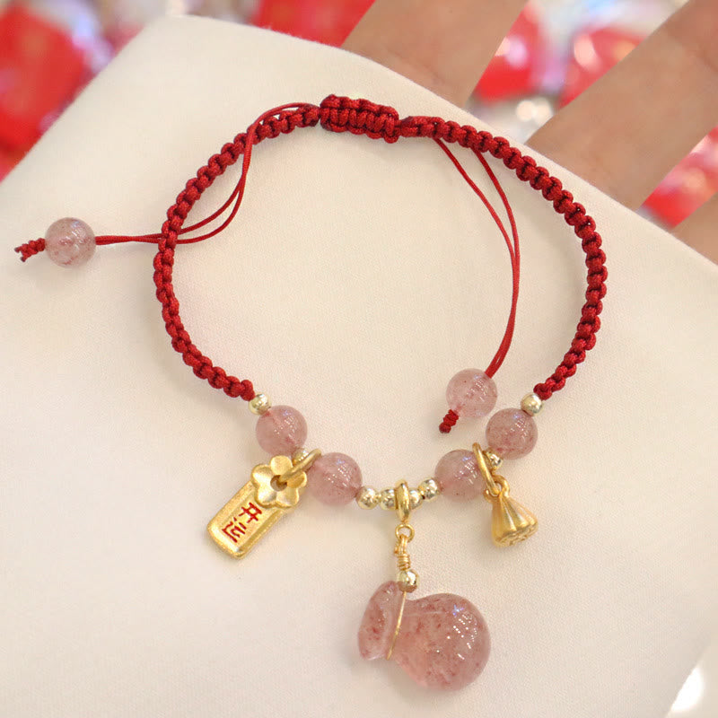 Bracelet de guérison d'amour en quartz fraise avec lotus et fil rouge