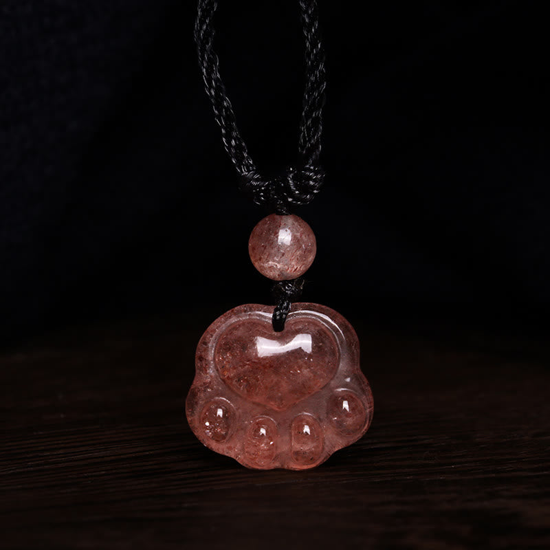 Collier pendentif patte de chat guérison amour quartz fraise