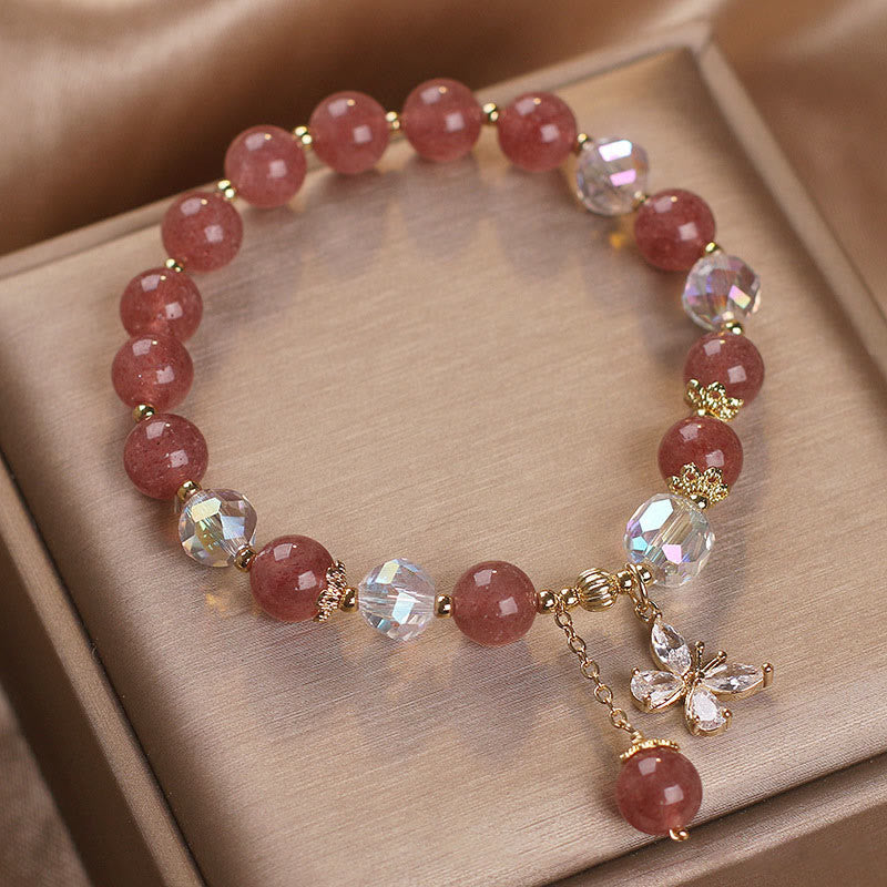 Bracelet spirituel de guérison d'amour en quartz fraise avec papillon